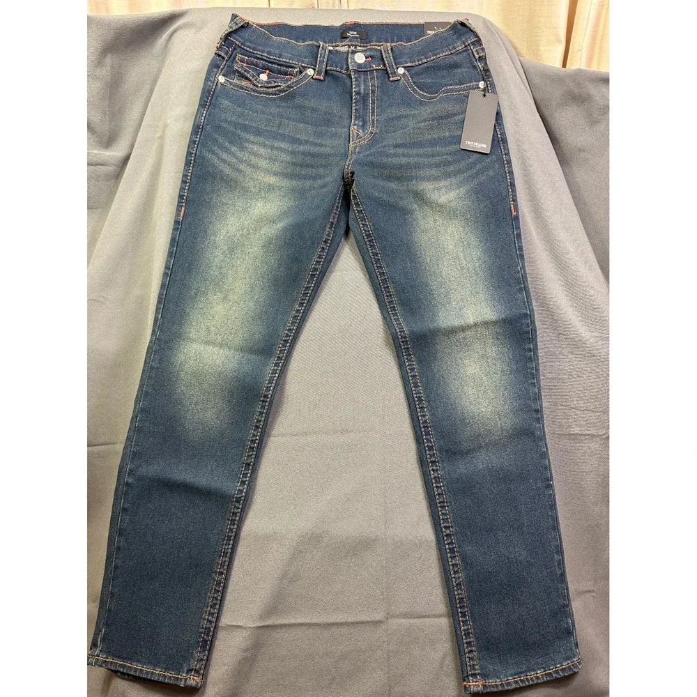 True‎ Religion Men Sz 34x32 Geno SN Flap Relaxed Slim Jeans Blue Denim Orange